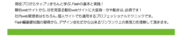 �����v������^�b�v��������Ɗw�ԁAFlash�̊�{�Ǝ��H�I�ÓIweb�T�C�g����A�ڂ������铮�Iweb�T�C�g�ɑ�ϐg�c���⓮���́A�K�{�ł��I�Г�web�Ǘ��҂͂������A�l�T�C�g�ł��ʗp����v���t�F�b�V���i���e�N�j�b�N�ł��BFlash�Ҋ�b�m���̏K������A���������N��̕\���͂𗝉����Ē����܂��B